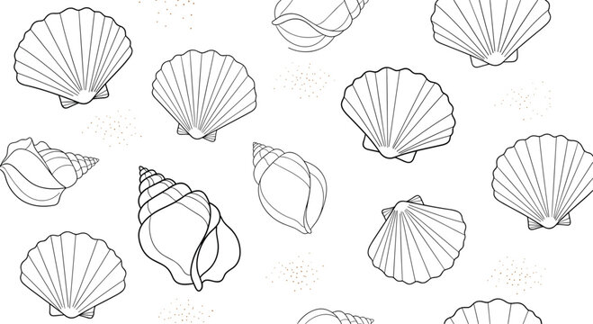 Minimalist seamless pattern of various seashells drawn in a simple black and white outline style, perfect for a subtle beach theme.