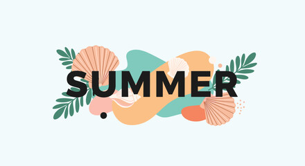 Modern summer banner with bold typography over a background of abstract organic shapes, seashells, and tropical leaves in a trendy pastel color palette.