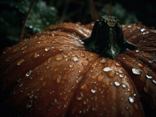 Moody pumpkin glistening with raindrops evokes autumn harvest season and cozy fall feelings