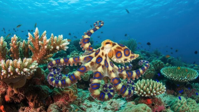 A blue-ringed octopus swimming among colorful coral and marine life in the ocean. - Powered by Adobe