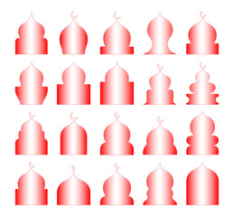 Arabic label frames. Modern islamic mosque dome and lanterns, monochrome blank arch stickers, traditional ornamental minimalist windows and simple border emblems. Vector set