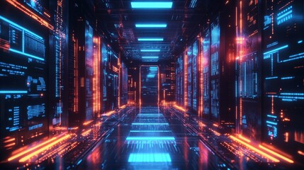 A.I. Powered Cloud Computing Server with Glowing Neon