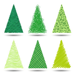 Obraz premium Six different stylized, hand-drawn-style green pine tree illustrations. Ideal for creative projects with Christmas and environmental themes.