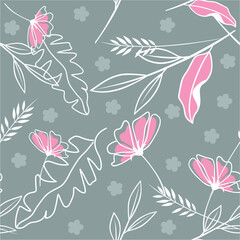 Elegant Line Art Flowers and Leaves on Grey-Green