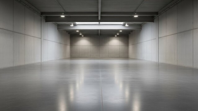 Empty warehouse with concrete floors and high ceilings. The industrial setting has large windows and a concrete wall. The lighting is bright and the space is clean.
