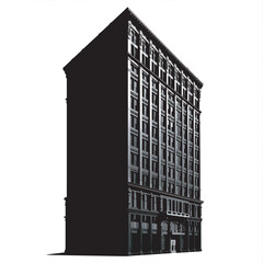 Sketch of a modern urban building with glass windows and a tall architectural structure