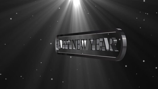 Elegant 3d happy birthday text in silver on dark background with light effects and particles