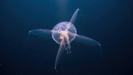 A jellyfish swimming in the ocean with a starry sky in the background.