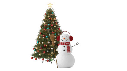 Isolated Christmas Tree and Snowman with Earmuffs, Scarf, and Broom on White Background