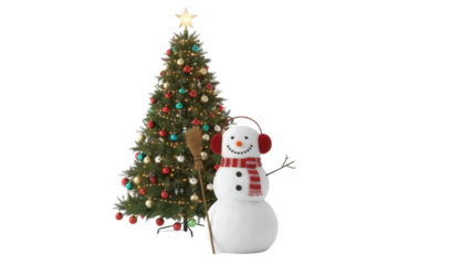 Isolated Christmas Tree and Snowman with Earmuffs, Scarf, and Broom on White Background