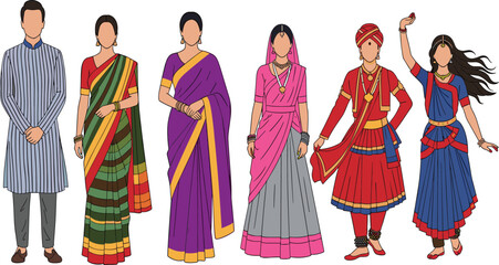 Vector Illustrations of Traditional Indian Attire, Including Diverse Regional Sarees and Classical Dance Costumes, Representing Indian Culture and Diversity.