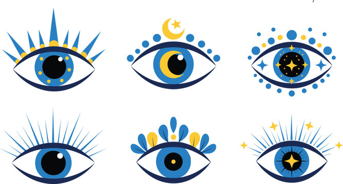 Vector Collection of Six Evil Eye Amulets and Nazar Symbols, Featuring Blue and Yellow Geometric Patterns with Stars and the Moon, Ideal for Protection, Spirituality, and Bohemian Design.