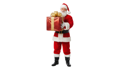 Full Length Santa Claus Holding Red Gift Box with Golden Ribbon, Isolated on White Background
