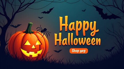 Dark banner with single bold pumpkin, thin spider webs in the corners, and modern Happy Halloween calligraphic font
