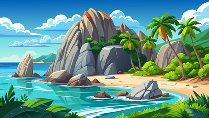 Scenic Seychelles island landscape with luxury resort vibes, featuring iconic granite stones, tropical greenery, clear blue ocean, and pristine sandy coastline. Perfect for travel, tourism