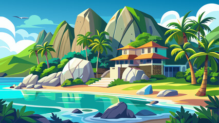 Luxury tropical resort scenery in Seychelles featuring turquoise Indian Ocean waters, smooth granite boulders, white sandy beaches, and lush green palm trees. Ideal for travel, paradise destinations