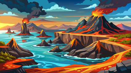 Volcanic landscapes of the Galapagos Islands featuring rugged lava formations, dramatic coastlines. A pristine and unique ecological environment ideal for nature and exploration themes