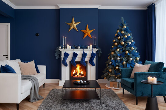 Navy blue Christmas living room interior with gold stars, velvet armchair, and monochrome holiday tree - Powered by Adobe