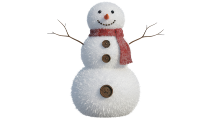Photorealistic Snowman with Red Scarf, Buttons, and Twig Arms Isolated on White Background