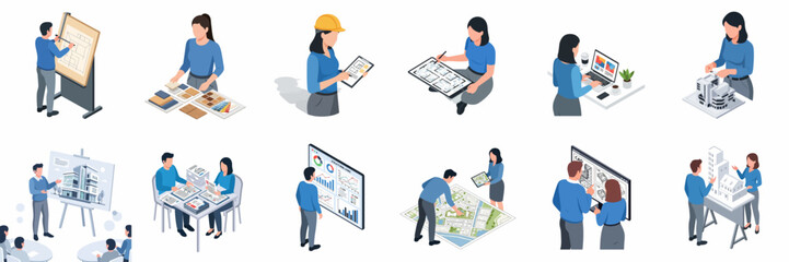 Isometric Professional Architect and Engineer Designing Development Plan Project Illustration © Haimura