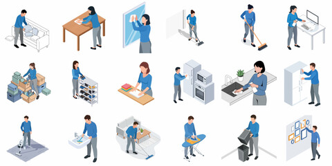 Isometric House Cleaning Activities Routine Illustration Scene Element Collection