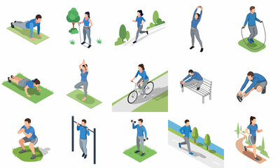 Isometric Diverse People Doing Outdoor Fitness Activities Healthy Lifestyle Illustration