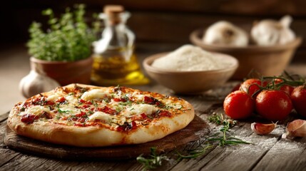 Freshly Baked Pizza on Wooden Cutting Board Surrounded by Ingredients Like Tomatoes, Olive Oil, Flour, and Herbs on Rustic Kitchen Table
