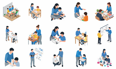 Isometric Mother Teaching her Child Homeschooling and Learning at Home