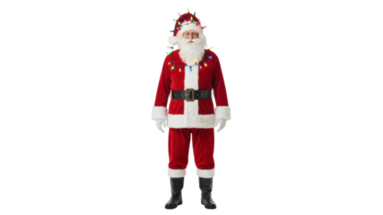 Isolated Santa Claus in Red Suit Adorned with Colorful Christmas Lights