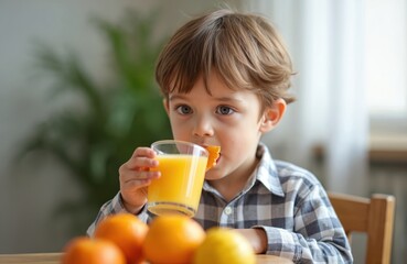 Cute little boy drinking orange juice from a glass. Child holds glass with orange slice. Oranges on table in front of him. Boy in checkered shirt sits on wooden chair. Healthy drink for kids.