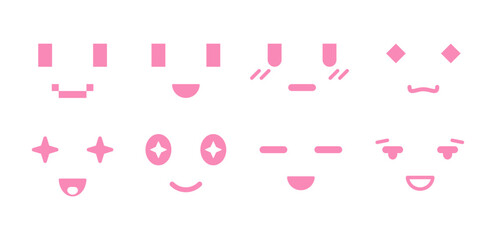 Naklejka premium Kawaii minimal anime faces icon set. Simple pastel expressions for stickers, emojis, chat avatars and cute character design elements. Vector Isolated Kawaii Emoji Faces.