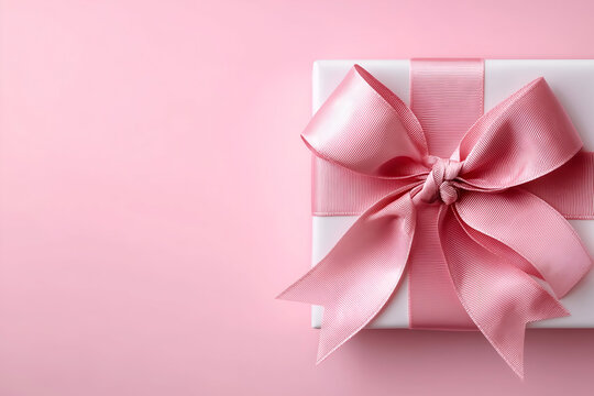 A beautifully wrapped gift with a pink ribbon sits against a soft pink background, perfect for celebrations and special occasions.