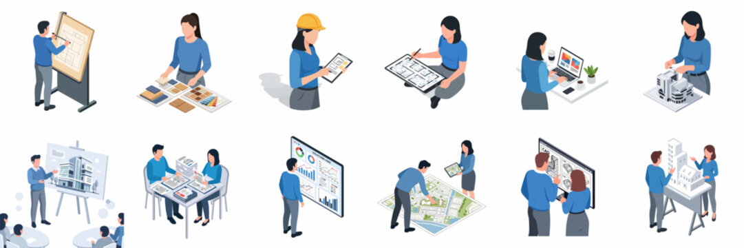 Isometric Professional Architect and Engineer Designing Development Plan Project Illustration