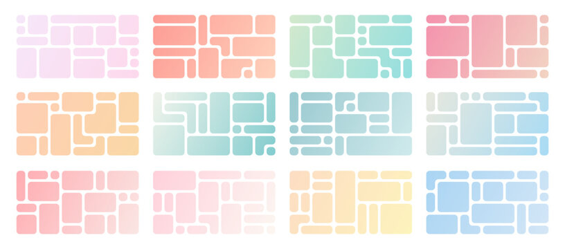 Soft gradient bento grid backgrounds. Pastel abstract tiles layouts with rounded corners for modern UI screens, wallpapers, social media covers and gentle collage templates.