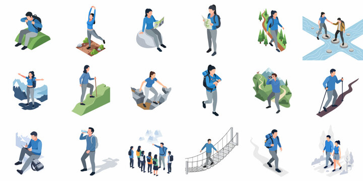 Isometric Detailed Hiking Activity Pictogram Illustration Various People and Environments