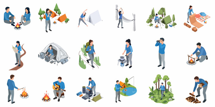 Isometric Detailed People Enjoying Camping and Outdoor Activity Illustration