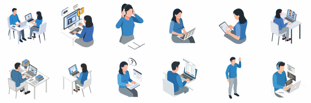 Isometric Style People Working on Laptop Tablet Communication and Collaboration Set