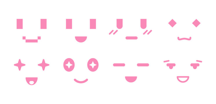 Kawaii minimal anime faces icon set. Simple pastel expressions for stickers, emojis, chat avatars and cute character design elements. Vector Isolated Kawaii Emoji Faces.