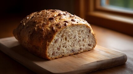 A rustic seeded loaf of bread sliced open and resting on a wooden cutting board bathed in warm soft light