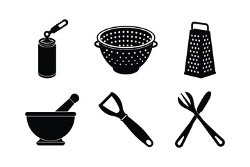 Food Preparation Tools vector silhouette set