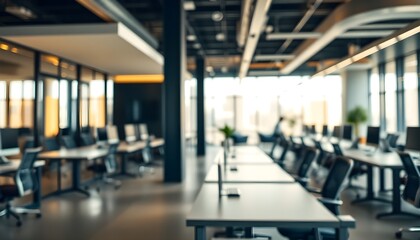 Modern office environment with soft blur effect, contemporary creative workspace with open layout.