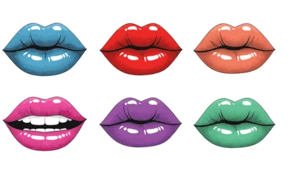 Fototapete Pop Art  Pop Art Vector Illustration Set of Six Woman's Lips with Halftone Dot Texture in Vibrant Colors Including Red, Blue, Pink, Purple, Green, and Orange on White Background  © MdEmdadul