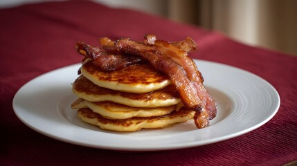 A stack of golden pancakes topped with crispy bacon strips on a white plate