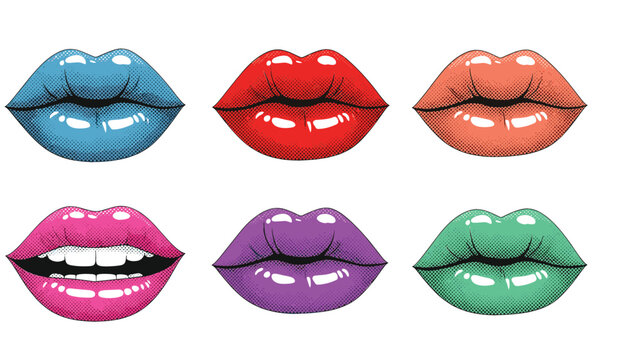  Pop Art Vector Illustration Set of Six Woman's Lips with Halftone Dot Texture in Vibrant Colors Including Red, Blue, Pink, Purple, Green, and Orange on White Background