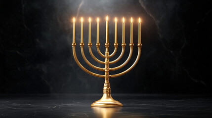 Elegant golden menorah with glowing candlelight on dark festive background for Hanukkah greetings, holiday banners, religious celebrations and seasonal designs