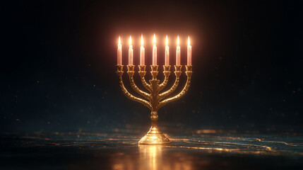Elegant golden menorah with glowing candlelight on dark festive background for Hanukkah greetings, holiday banners, religious celebrations and seasonal designs