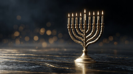 Elegant golden menorah with glowing candlelight on dark festive background for Hanukkah greetings, holiday banners, religious celebrations and seasonal designs