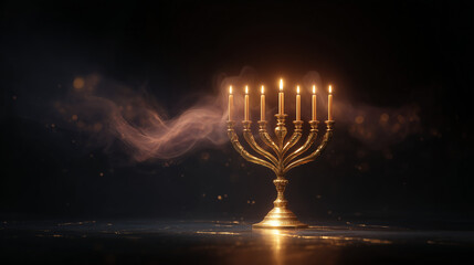 Elegant golden menorah with glowing candlelight on dark festive background for Hanukkah greetings, holiday banners, religious celebrations and seasonal designs