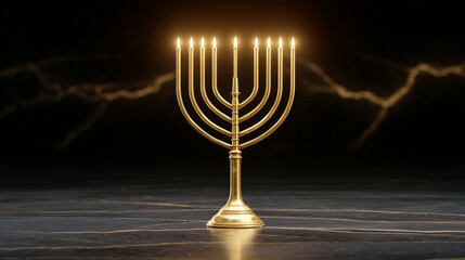 Elegant golden menorah with glowing candlelight on dark festive background for Hanukkah greetings, holiday banners, religious celebrations and seasonal designs