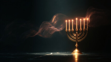 Elegant golden menorah with glowing candlelight on dark festive background for Hanukkah greetings, holiday banners, religious celebrations and seasonal designs